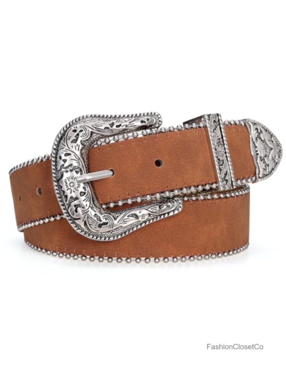 Faux Leather Western Belt with Beaded Trim and Engraved Buckle